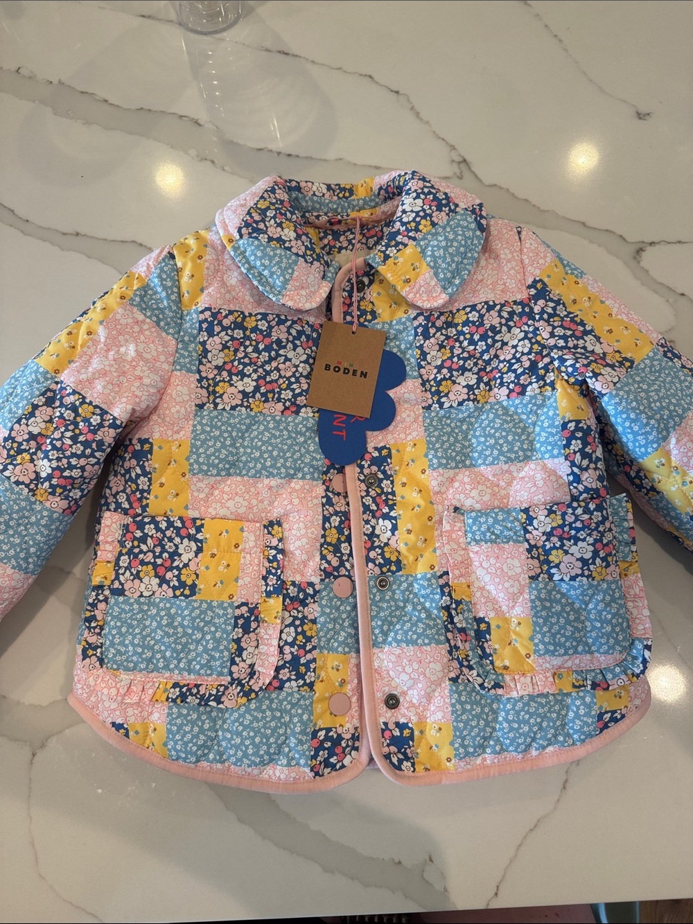 Boden Girls' Patchwork Floral Quilted Jacket - Pink, Blue & Yellow